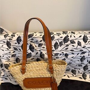 Coach Woven Straw Mini Tote with Brown Leather Accents
